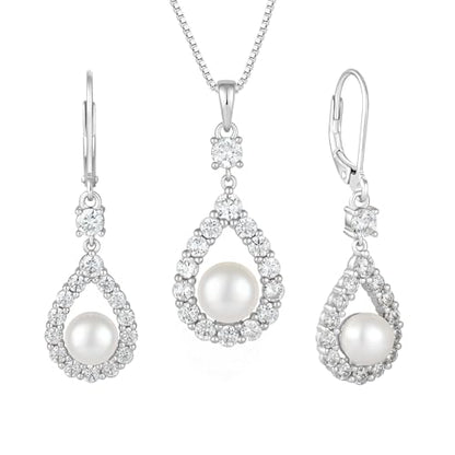 STARCHENIE Freshwater Cultured Pearl Earrings Necklace 925 Sterling Silver Cubic Zirconia Jewelry Set for Women