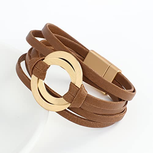 hotoo Circle Charm Bracelets for Women Handmade Leather Wrap Bracelets for Couples Friendship Bracelet Bohemian Cuff Bangle Boho Jewelry Gift - color: Coffee