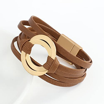 hotoo Circle Charm Bracelets for Women Handmade Leather Wrap Bracelets for Couples Friendship Bracelet Bohemian Cuff Bangle Boho Jewelry Gift - color: Coffee