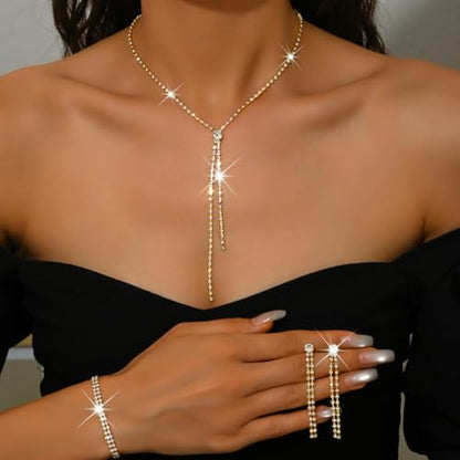 MIFYNN Rhinestone Wedding Set for Women Sparkle Crystal Earrings Necklace Bracelet Jewelry Set Wedding Party Prom Jewelry Set for Brides Bridesmaid - color: Gold1