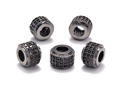 AD Beads Zircon Pave Rhinestones Big Hole Rondelle Spacer Beads 6x7mm 5Pcs Black on Gunmetal - color: 5 Pcs Black on Gunmetal 3 Row Rondelle (6x7mm)