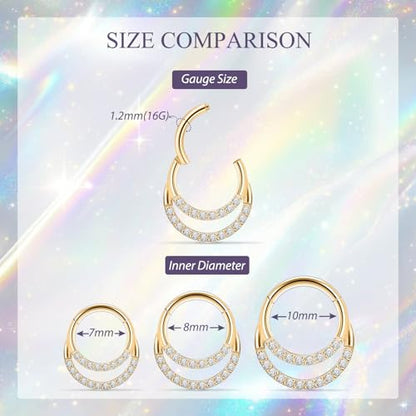 GAGABODY Septum Jewelry 16 Gauge Earrings Double Hoop Daith Earring Surgical Steel Hinged Nose Rings Nose Hoop Helix Tragus Rook Piercing - color: Style3:1pc Gold+Clear CZ
