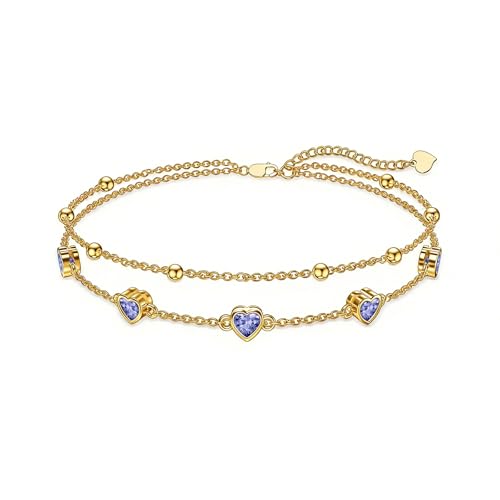 Midari 18K Yellow Gold Gemstone Birthstone Anklet Bracelet Heart Jewelry with 12 Months Birthstone Birthday Gifts for Women Wife Her Daughter Mom - color: 06-Light Violet, size: Bracelet 7"-9"