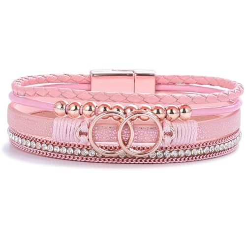 Chunky Boho Leather Wrap Bracelets Cowgirl Beaded Circle Western Jewelry | Stackable Infinity Layered Bohemian Magnetic Clasp Cuff Statement Fashion Colorful Country Hippie Outfits for Women Trendy - color: Pink