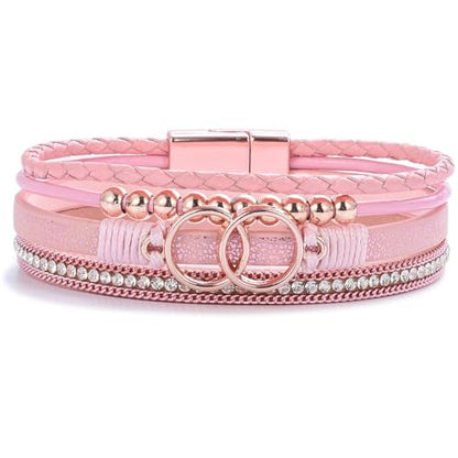 Chunky Boho Leather Wrap Bracelets Cowgirl Beaded Circle Western Jewelry | Stackable Infinity Layered Bohemian Magnetic Clasp Cuff Statement Fashion Colorful Country Hippie Outfits for Women Trendy - color: Pink