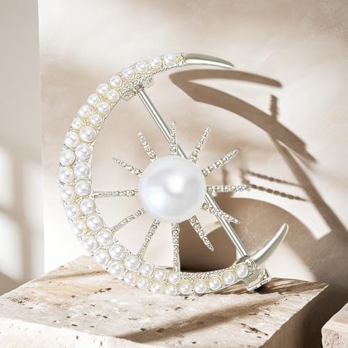 Pearl Sun Moon Brooch Lapel Pin Clothes Accessories Faux Pearl Crescent Moon Planet Gold Plated Pins Dress Suit Backpack Hat Corsage Brooches for Women Elegant Jewelry