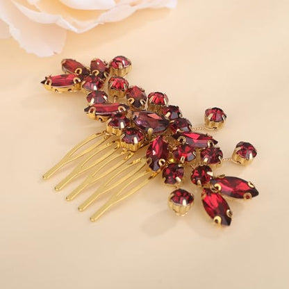 Dainty Teardrop Rhinestone Crystal Wedding Hair Comb Handmade Hair Side Comb Women Girls Wedding Headpiece Silver Gold Wedding Hair Accessories for Brides Bridesmaid (wine red) - color: wine red