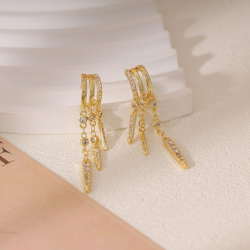 Dangle Earrings for Women,14k Gold Plated Triple Huggie Stud Earrings Cute Statement Chain Earring Dainty Drop Earrings for Women Trendy Gold Plated Jewelry - color: dangle3-Gold