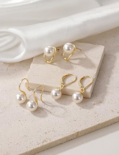 Mameloly Pearl Earrings for Women Leverback Dangle Trendy Simulated Pearl Drop Earrings 14K Gold Plated Sterling Silver 925 Cute Jewery for Women - color: 14K Gold Plated Hook