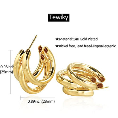 Chunky Gold Hoop Earrings for Women 14k Gold Plated Thick Triple Earrings | Hypoallergenic Trendy Chunky Gold Hoops Earrings,Dainty Jewelry Gifts for Women - style: 25MM/tripe hoop earrings