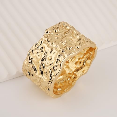 HZMAN Chunky Gold Cuff Bracelets for Women Thick Wide Bangle Bracelet Hammered Open Hinge Wrist Cuff Bracelet Jewelry Gift - color: 12.Meteorite Shaped Gold 7In