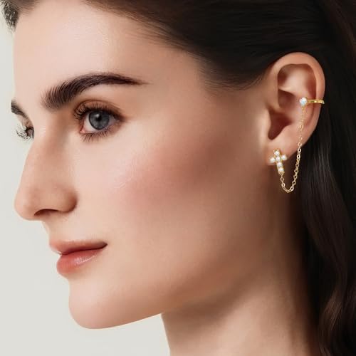 Cicy Bell Ear Cuff Earrings for Women Cubic Zirconia Stud Chain Earrings | 18k Gold Plated Clip On Climber earrings Non Piercing Waterproof Jewelry Gifts Birthday Party - color: Gold-StyleA