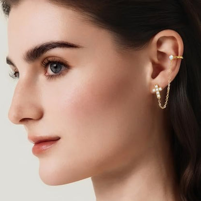 Cicy Bell Ear Cuff Earrings for Women Cubic Zirconia Stud Chain Earrings | 18k Gold Plated Clip On Climber earrings Non Piercing Waterproof Jewelry Gifts Birthday Party - color: Gold-StyleA