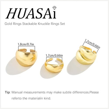 HUASAI Gold Stackable Rings Set for Women Boho Dainty Moon Star Pearl Leaf Cubic Zirconia Heart Midi Pinky Trendy Jewelry Birthday Gifts - color: B6 Gold Chunky Rings 3 Pcs