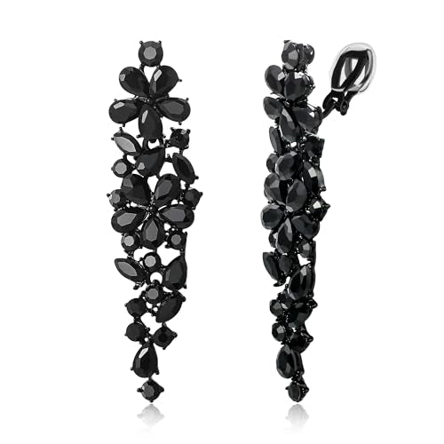 EleQueen Women's Sparkle Statement Clip-On Chandelier Earrings | Marquise Crystals Earrings for Women, Art Deco Prom Jewelry for Wedding Bride Bridesmaid - color: Black Black-Tone