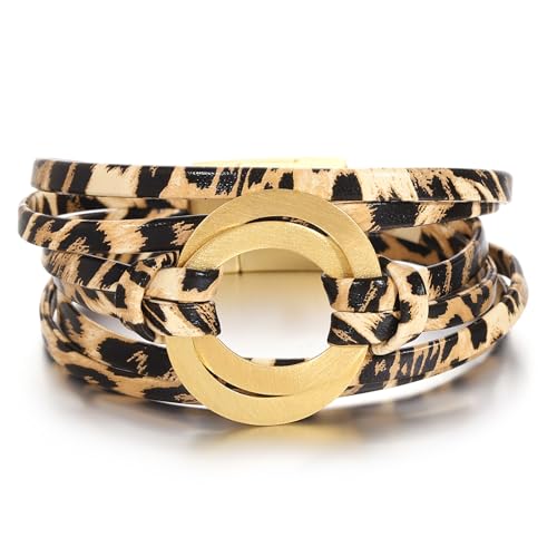 hotoo Circle Charm Bracelets for Women Handmade Leather Wrap Bracelets for Couples Friendship Bracelet Bohemian Cuff Bangle Boho Jewelry Gift - color: Dark leopard