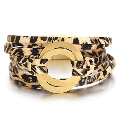 hotoo Circle Charm Bracelets for Women Handmade Leather Wrap Bracelets for Couples Friendship Bracelet Bohemian Cuff Bangle Boho Jewelry Gift - color: Dark leopard
