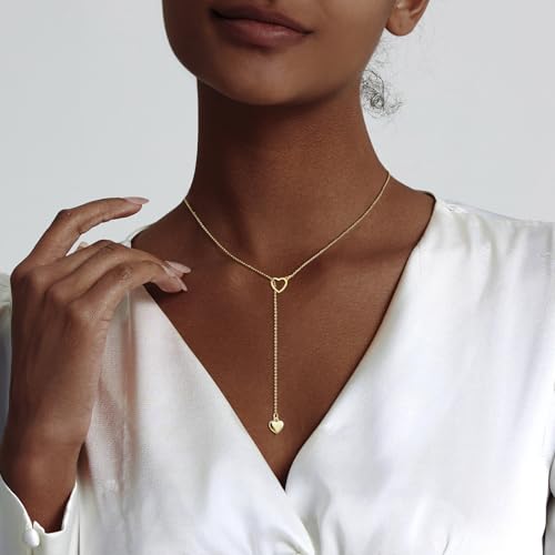 Luxval Lariat Gold Necklace for Women, Dainty Long Necklace 14k Gold Plated/Silver Y-Shaped Pendant Necklaces Trendy Beaded Chain Drop Necklaces Jewelry for Women Gifts - color: Gold-Double Heart