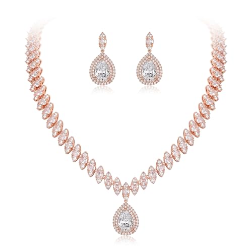 EVER FAITH CZ Marquise Leaf Teardrop Wedding Prom Jewelry Set for Women | Birthstone Pendant Necklace Dangle Earrings - color: Clear Rose Gold
