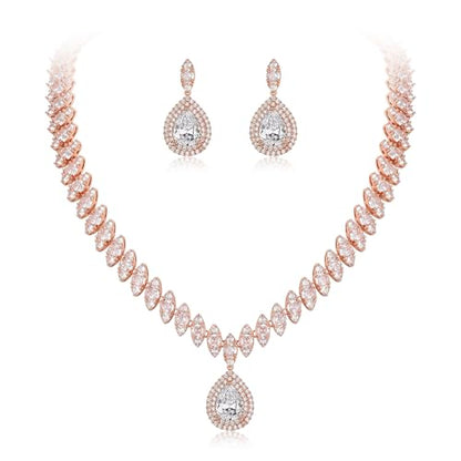 EVER FAITH CZ Marquise Leaf Teardrop Wedding Prom Jewelry Set for Women | Birthstone Pendant Necklace Dangle Earrings - color: Clear Rose Gold