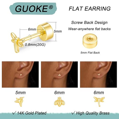 3 Pair Tiny Flat Back Earrings for Women - 14K Gold/White Gold Plated Dainty Cute Small Screw Flatback Stud Earring, Everyday Wear Gift - color: Hummingbird Bee Dragonfly Flat-5/6/6mm Gold