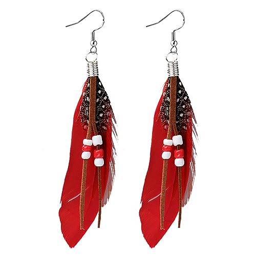 Feather Earrings for Women Vintage Bohemian Earrings Long Drop Dangle Earrings Feather Tassel Mesh Pendant Earrings Boho Fashion Personalized Flowing Lightweight Earrings Statement Unique Feather Earrings Handmade Jewelry - color: Red