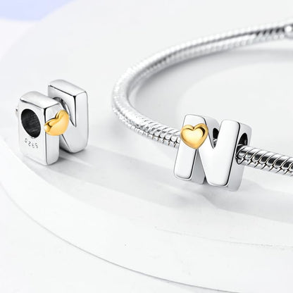 Women 925 Sterling Silver Charms A-Z Heart Letters Beads Pendant for Bracelets Women Fit Pandora Bracelets Hypoallergenic Beads - color: N
