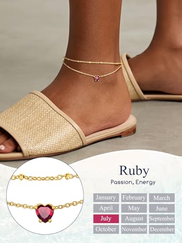 Suplight Gold Plated Butterfly Anklets for Women Waterproof, Layered Boho Ankle Bracelet with Birthstone, Stainless Steel Adjustable Non-Tarnish Heart Foot Jewelry Beach Vacation - color: 07. Heart-July. Ruby