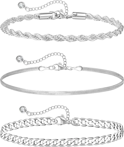 Plus Size Ankle Bracelets for Women - Extra Large 10"+2" Adjustable Anklet 14K Real Gold Plated Anklet Cuban Link, Figaro, Rope, Snake Herringbone - Summer Beach Waterproof Foot Jewelry - color: Curb, Snake, Rope Silver
