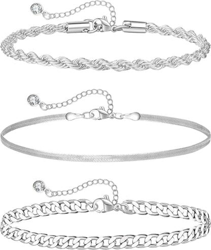 Plus Size Ankle Bracelets for Women - Extra Large 10"+2" Adjustable Anklet 14K Real Gold Plated Anklet Cuban Link, Figaro, Rope, Snake Herringbone - Summer Beach Waterproof Foot Jewelry - color: Curb, Snake, Rope Silver