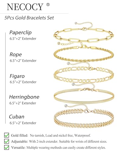 Gold Bracelets Sets for Women Waterproof | Non Tarnish Gold Plated Cuban Paperclip Link Chain Stackable，Trendy Jewelry Accessories Gifts for Women - style: 6Pcs BRACELET SET-03