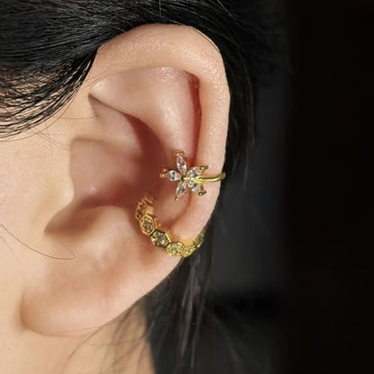 2 Pairs Ear Cuff Earrings for Women 14K Gold Plated Non Tarnish Gold Ear Cuffs Set Cute Fake Piercings Earings Rhinestones Clip On Earrings Wraps Jewelry - color: Gold-2
