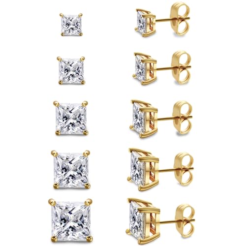 Gemsme 5 Pairs Princess Cut Cubic Zirconia Stud Earrings for Women/Men - 18K Gold Plated Hypoallergenic 3-7mm Square Clear CZ Earring Set - color: Gold-Princess Cut