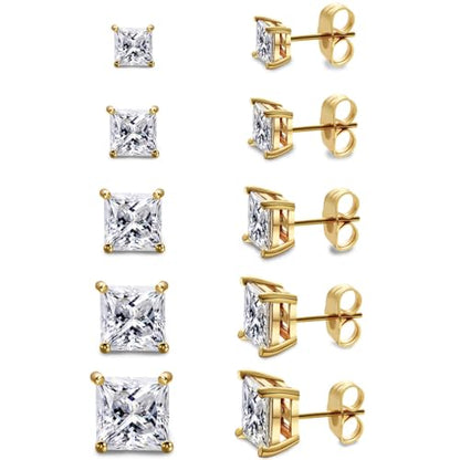 Gemsme 5 Pairs Princess Cut Cubic Zirconia Stud Earrings for Women/Men - 18K Gold Plated Hypoallergenic 3-7mm Square Clear CZ Earring Set - color: Gold-Princess Cut