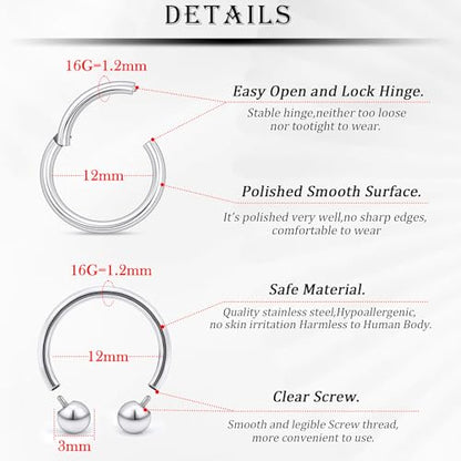 18G-2G Septum Rings 316L Surgical Steel Horseshoe Gauges Earrings Septum Nose Ring Silver Cartilage Helix Tragus Daith Rook Earring Hoop Lip Piercing Jewelry for Women Men - style: 16G(1.2mm)-Dia:12mm