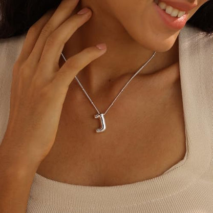 Ewrkbrㅤ Initial Necklaces for Women, 14k Gold Plated Bubble Letter Necklace Chunky Gold Necklace Dainty Charm Initial Necklaces for Women Trendy Custom Preppy Stocking Stuff Necklace Christmas Gifts - color: Silver, style: E