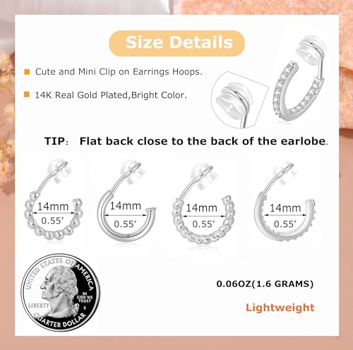 PLOMFOV Clip On Hoop Earrings for Women 14K Gold Plated Non Pierced Earrings Clip On Hoops Small No Piercing Fake Hoop Earrings 14mm - color: Silver