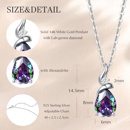FANCIME 14K Solid White Gold Birthstone Pendant Necklace for Women with Diamond Pear Shaped Teardrop Necklace Birthday Gifts for Mom Women,Sterling Silver Chain 16" + 2" Extender - color: 06-Alexandrite