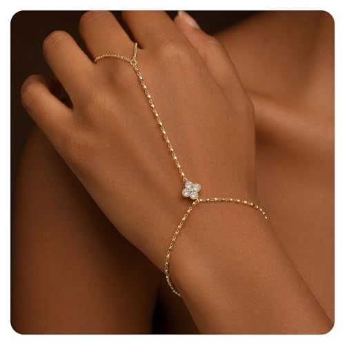 14K Gold Hand Chain Ring Bracelet-SM - style: Clover CZ