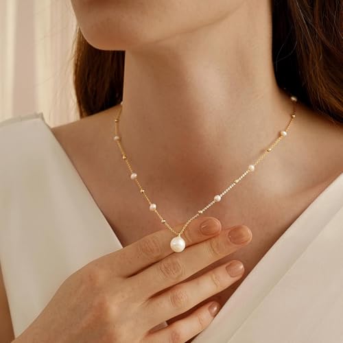 Pearl Necklaces for Women Trendy, Dainty Beaded Choker Necklace, 14K Gold Plated Station Chain, Simple Layering Wedding Prom Jewelry Gift - color: Gold Bead Pearl Pendant