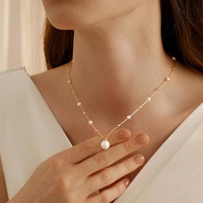 Pearl Necklaces for Women Trendy, Dainty Beaded Choker Necklace, 14K Gold Plated Station Chain, Simple Layering Wedding Prom Jewelry Gift - color: Gold Bead Pearl Pendant