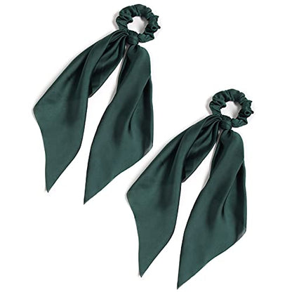 Pack of 2 Knotted Bow Hair Scrunchies Elastic Hair Scarf Black Hair Ties Bands Satin Hair Ribbon Scrunchy Red Ponytail Holder for Women and Girls (Dark green) - color: Dark green