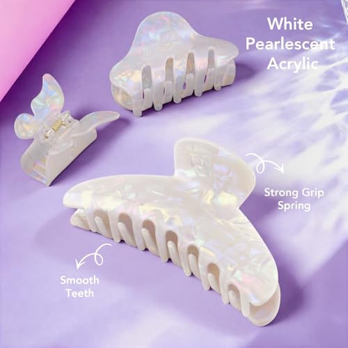 White Jelly Hair Clips 3-Pack, Large Medium & Small Claw Clips for Women, 4.5, 3.1 & 1.8 Inch Sparkly Jelly Clips for Thick and Thin Hair, Strong Hold Hair Accessories Gift Set | 3 Sizes