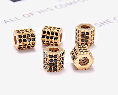 AD Beads Zircon Pave Rhinestones Big Hole Hexagon Spacer Beads 7x8mm 5Pcs Black on Gold - color: 5 Pcs Black on Gold Hexagon (7x8mm)
