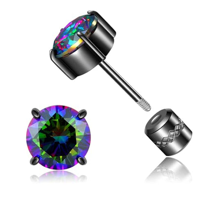 Titanium Flat Back Surgical Stainless Steel Stud Earrings for Women Men,Birthstone Stud Earrings Hypoallergenic Double Side 5A Cubic Zirconia Studs Jewelry 6mm - color: Black-Rainbow CZ