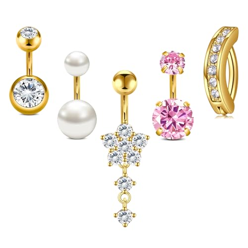 Longita Belly Button Rings Short Bar for Women Stainless Steel Belly Ring Navel Piercing Jewelry 14g Colorful Ball Pack 6mm 1/4” 8mm 5/16“ 10mm - color: C2-5pcs-short gold
