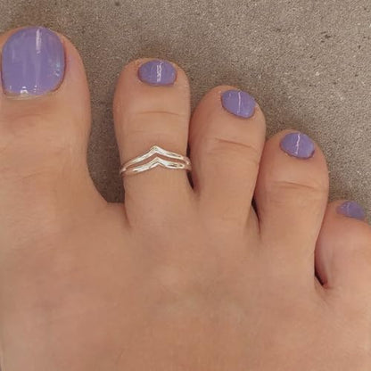 Sterling Silver Toe Ring, Adjustable Open Band, Handmade | Fits Toe, Knuckle or Pinky Ring | One Size Fits Most | Comfortable to Wear | Minimalist Style | Water Resistant - style: Double V Band