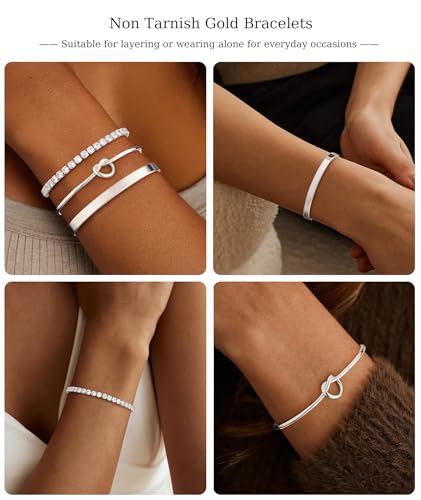 ZOERAY Silver Gold Bangle Bracelets for Women Non Tarnish 14k Gold Plated Stackable Cuff Bracelets for Women Trendy Cubic Zirconia Stainless Steel Chunky Bracelet Stack Set Waterproof Jewelry Gifts - color: A.Knot-Silver