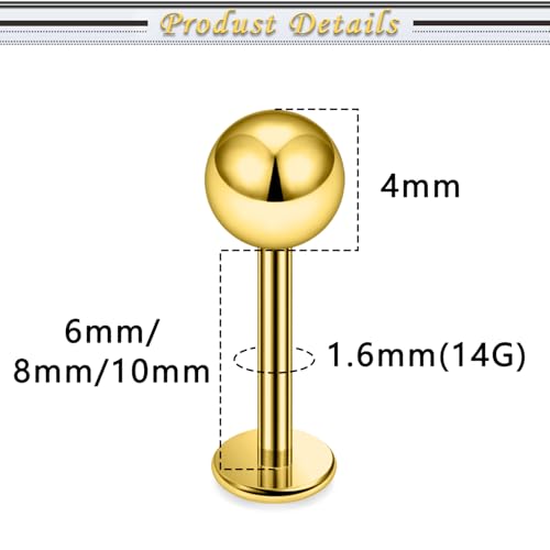 Internally Threaded Labret Studs 18G 16G 14G Surgical Steel Lip Piercing Jewelry with Claw Tool Monroe Snake Bite Jewelry Flat Back Barbell for Women Men Plus Piercing Ball Grabber Tool - color: goldtone, size: 14g,ball end