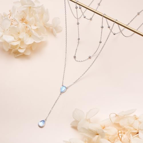 FLYOW Layered Necklace S925 Sterling Silver Y Shaped Jewelry - style: Double Teardrop Moonstones Layered Necklace